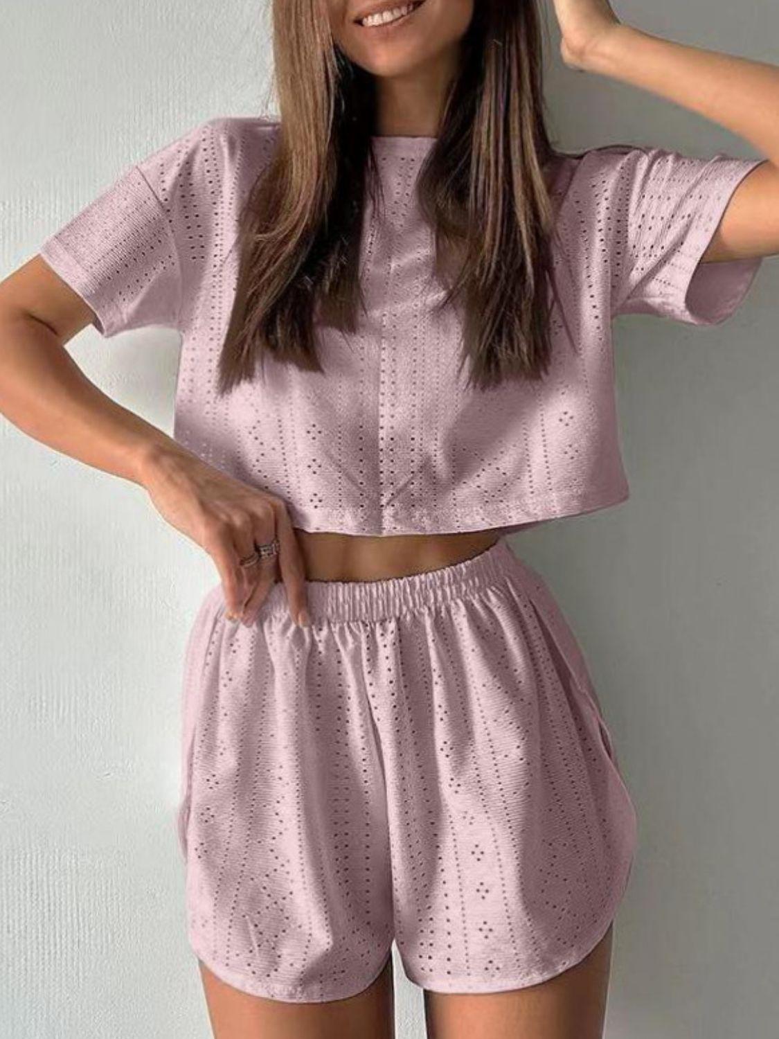 Eyelet Round Neck Top and Shorts Set Carauana Store