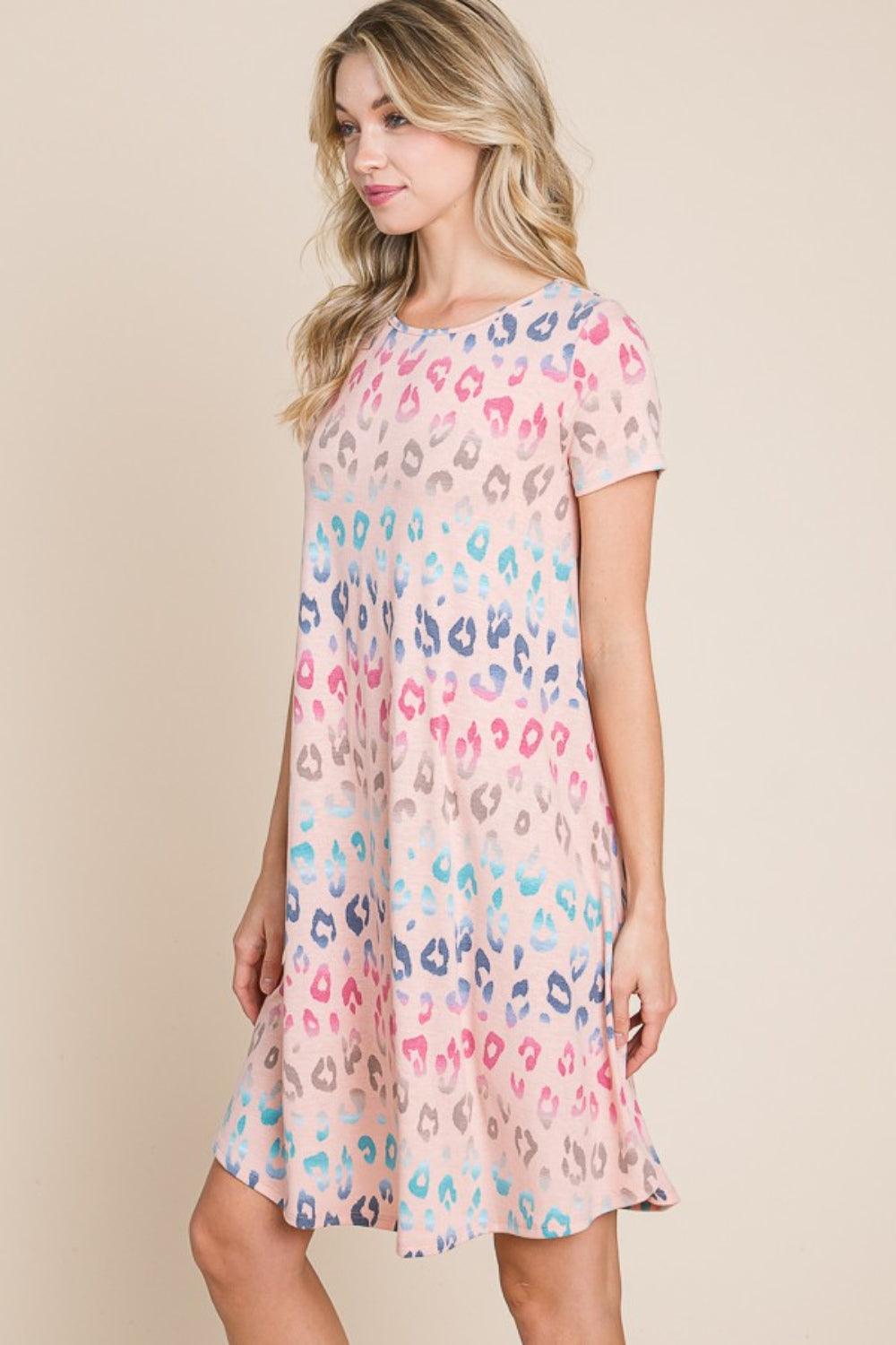 BOMBOM Leopard Round Neck Short Sleeve Dress Carauana Store
