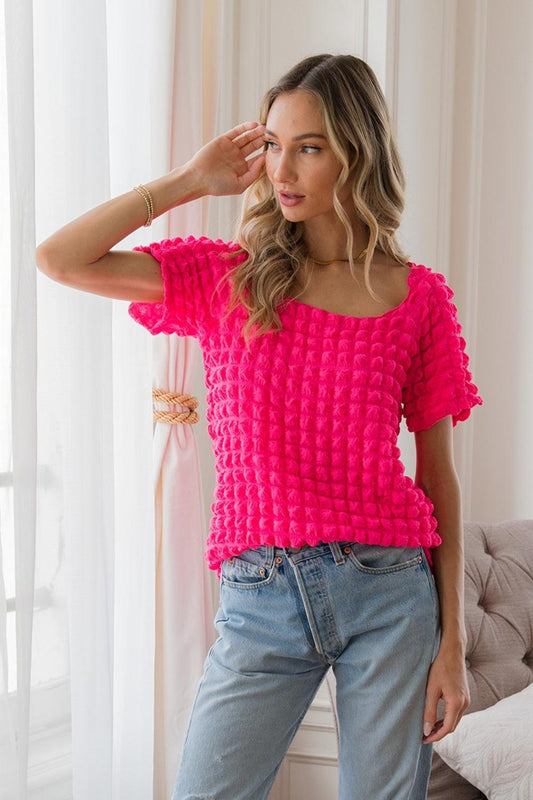 Sew In Love Bubble Textured Round Neck Short Sleeve T-Shirt Carauana Store