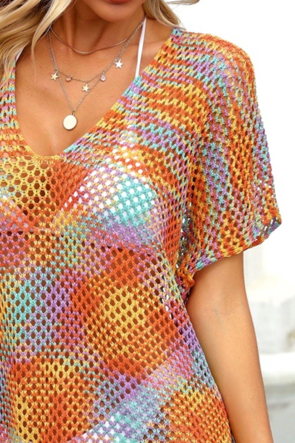 Openwork Contrast Short Sleeve Cover-Up Carauana Store