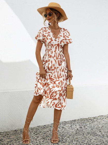 Printed V-Neck Short Sleeve Dress Carauana Store