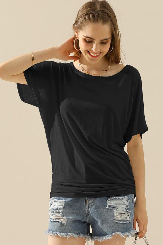 Ninexis Boat Neck Short Sleeve Ruched Side Top Carauana Store