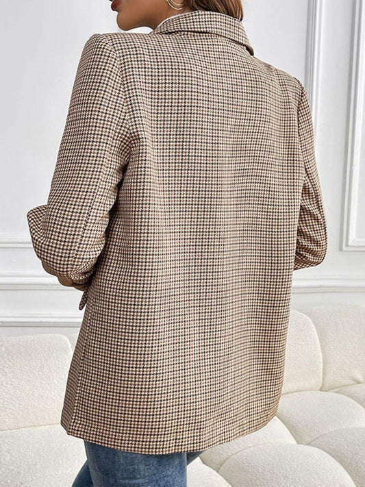 Perfee Plaid Lapel Collar Long Sleeve Blazer Carauana Store