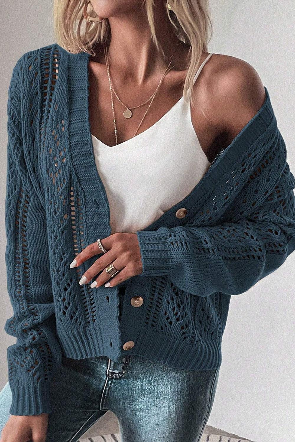 Openwork Button Up Long Sleeve Cardigan Carauana Store