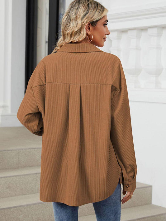 Button Up Dropped Shoulder Long Sleeve Outerwear Carauana Store