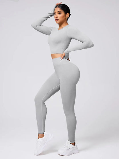 Back Crisscross Round Neck Long Sleeve Top and Leggings Active Set Carauana Store