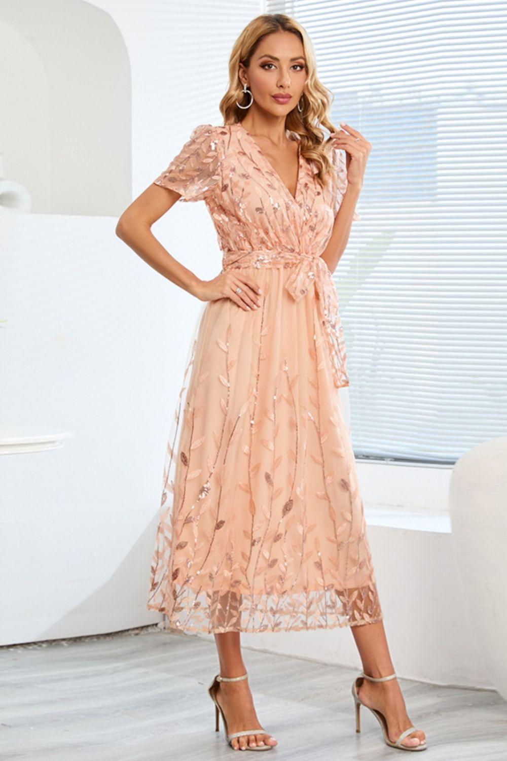 Sequin Leaf Embroidery Tie Front Short Sleeve Dress Carauana Store