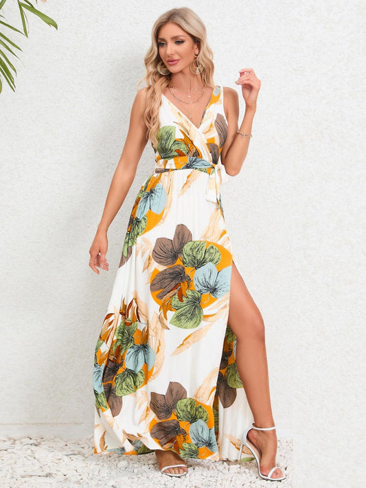 Slit Tied Printed Surplice Dress Carauana Store