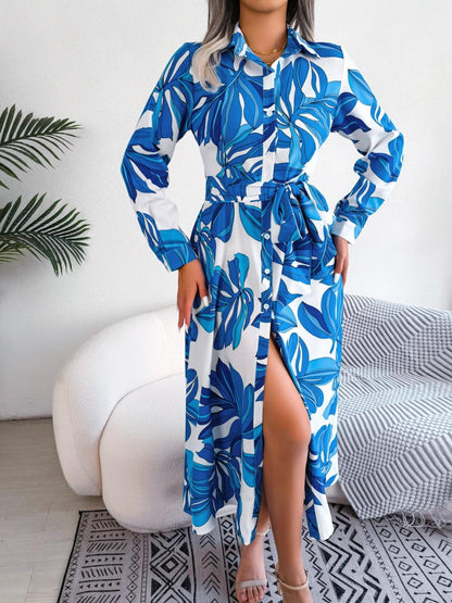 Tied Button Up Long Sleeve Dress Carauana Store