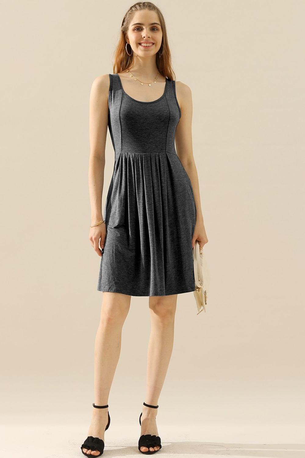 Doublju Full Size Round Neck Ruched Sleeveless Dress with Pockets Carauana Store