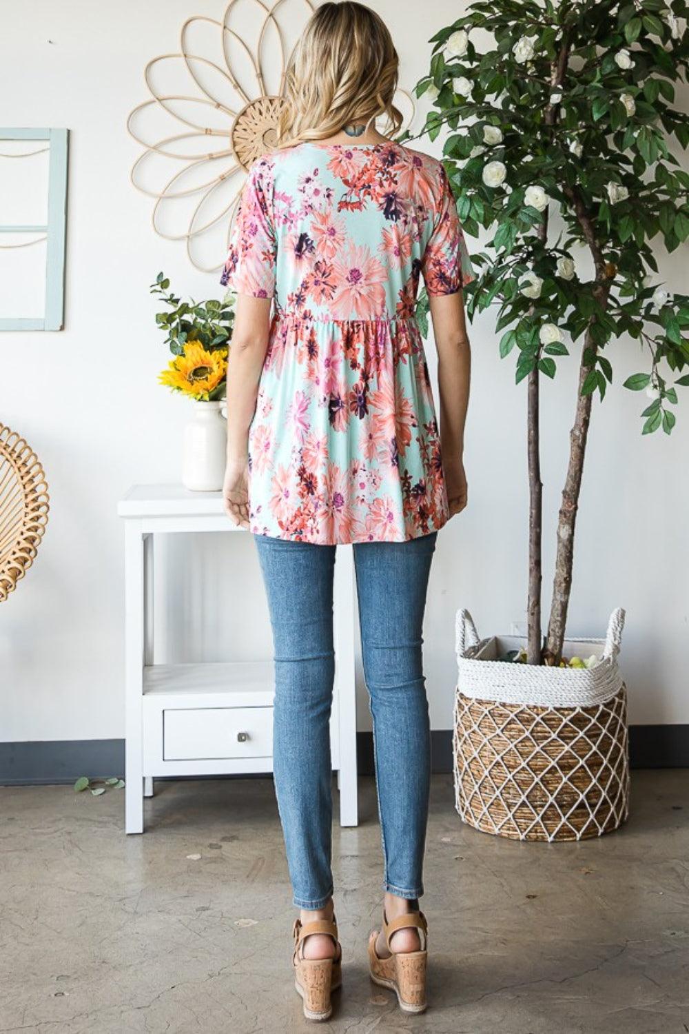 Heimish Full Size Floral V-Neck Short Sleeve Babydoll Blouse Carauana Store