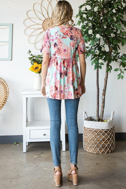 Heimish Full Size Floral V-Neck Short Sleeve Babydoll Blouse Carauana Store
