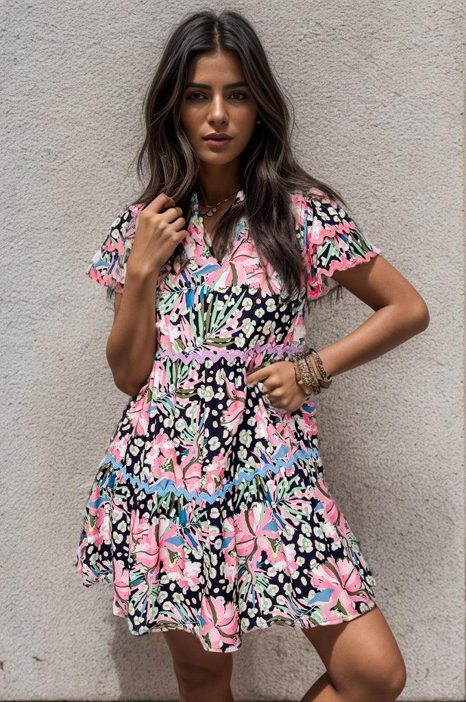 Printed Ruffle Hem Short Sleeve Mini Dress Carauana Store