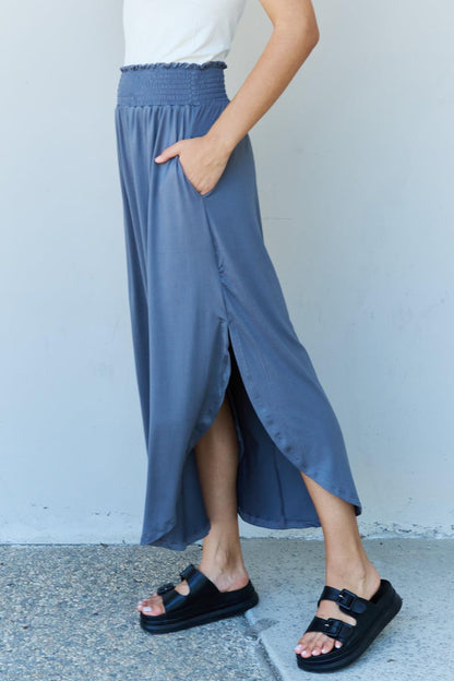 Doublju Comfort Princess Full Size High Waist Scoop Hem Maxi Skirt in Dusty Blue Carauana Store