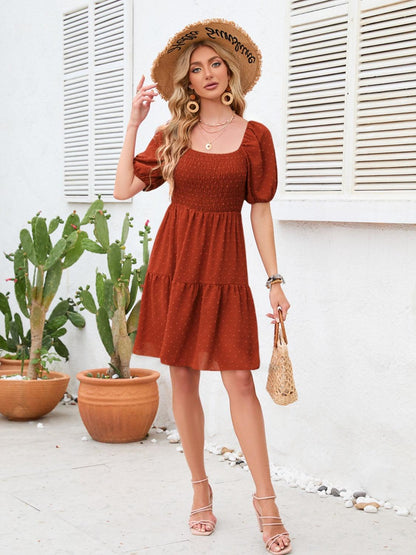 Swiss Dot Smocked Square Neck Dress Carauana Store