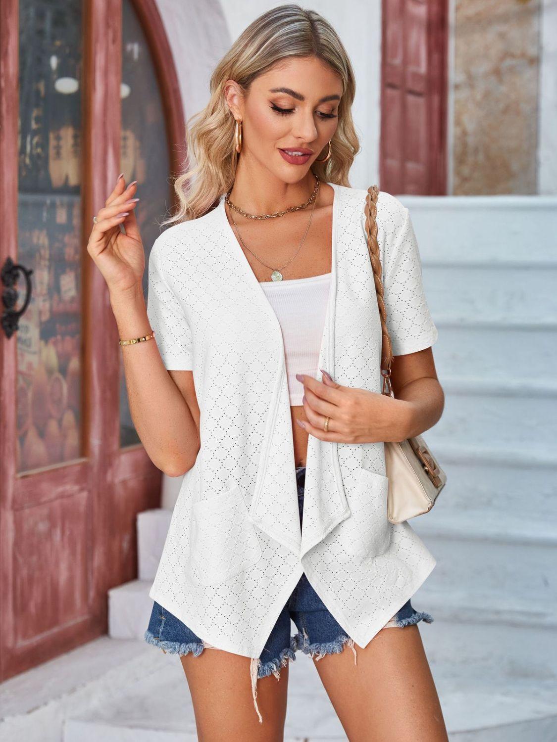 Eyelet Open Front Short Sleeve Cover Up Carauana Store