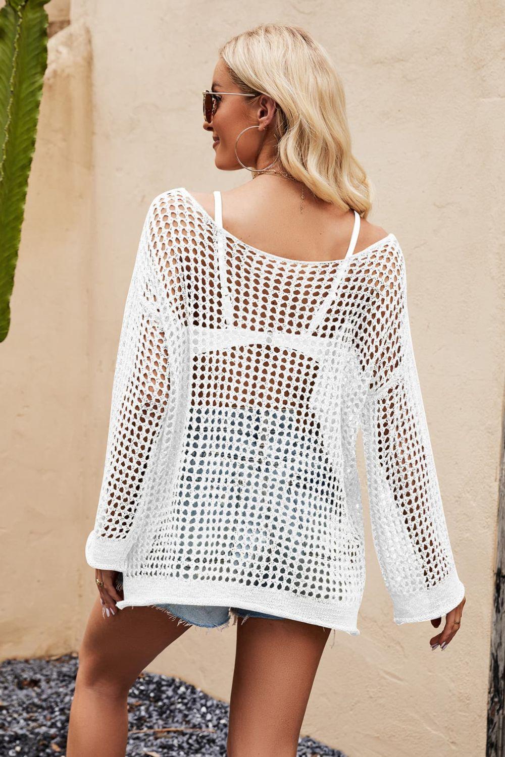 Openwork Round Neck Long Sleeve Cover Up Carauana Store