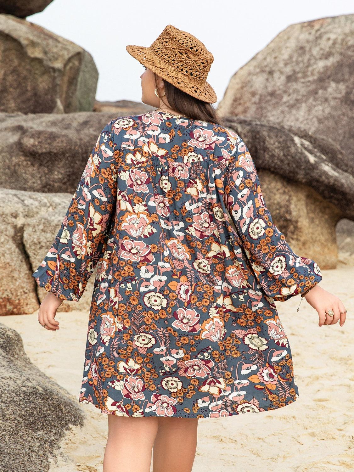 Plus Size Printed V-Neck Balloon Sleeve Mini Dress Carauana Store