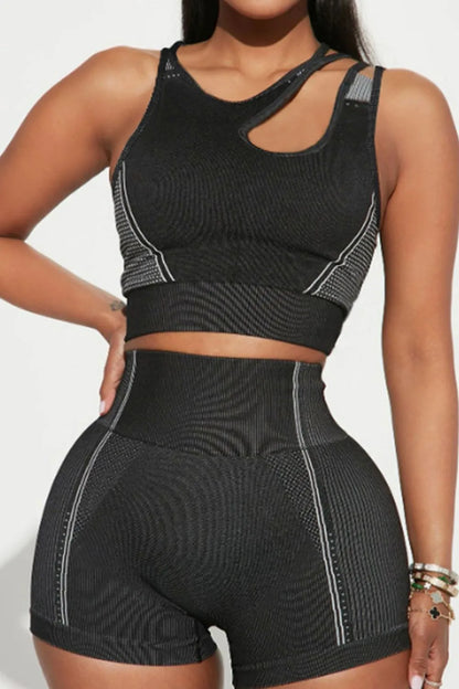 Asymmetrical Neck Striped Tank and Shorts Active Set Carauana Store