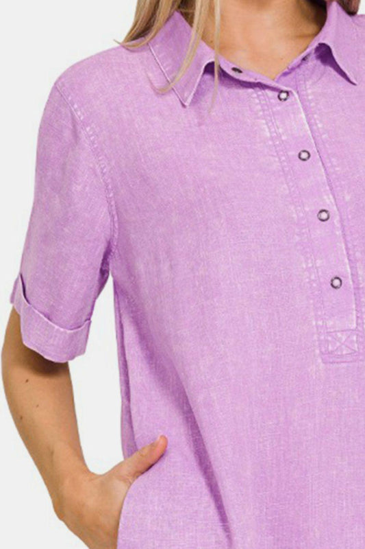 Zenana Washed Linen Raw Hem Dress with Pockets Carauana Store
