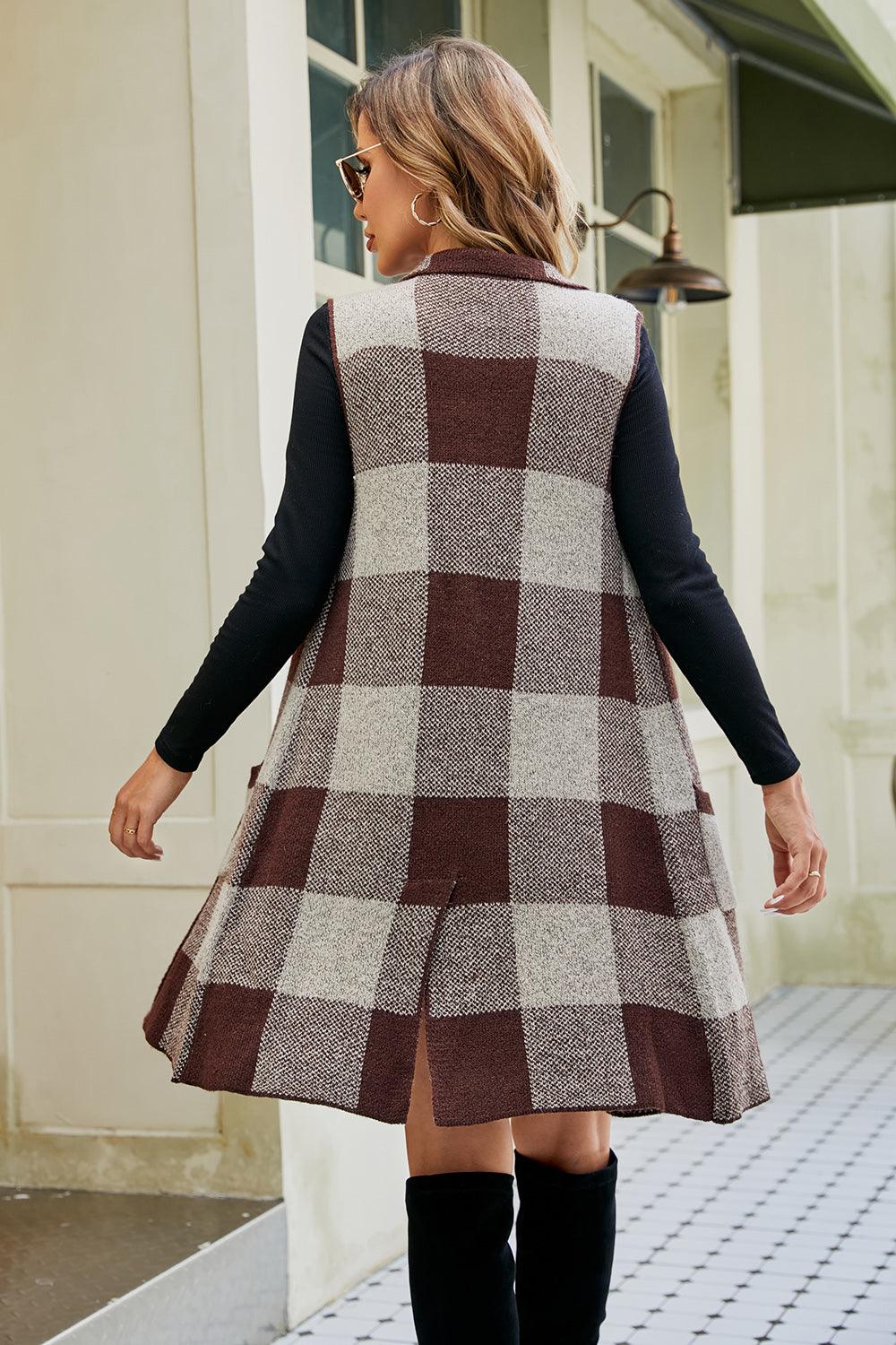 Plaid Open Front Sleeveless Cardigan with Pockets Carauana Store