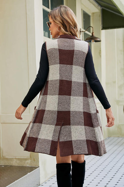Plaid Open Front Sleeveless Cardigan with Pockets Carauana Store