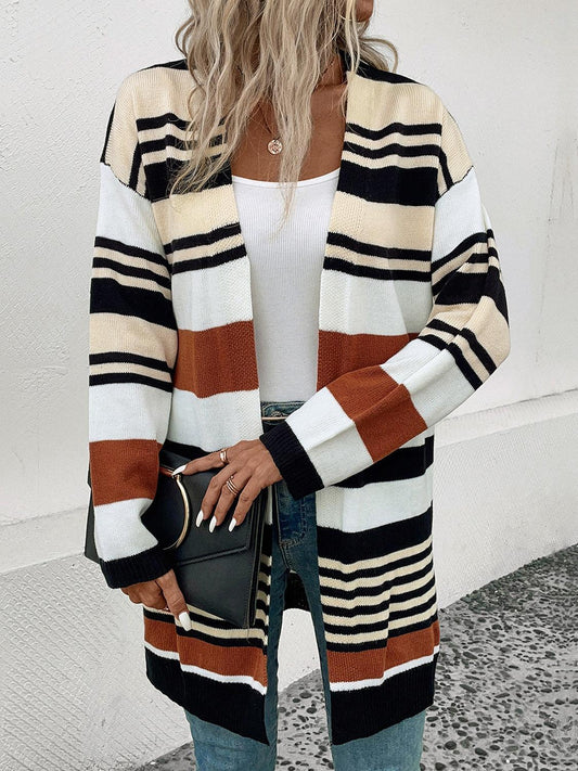 Perfee Striped Open Front Drop Shoulder Cardigan Carauana Store