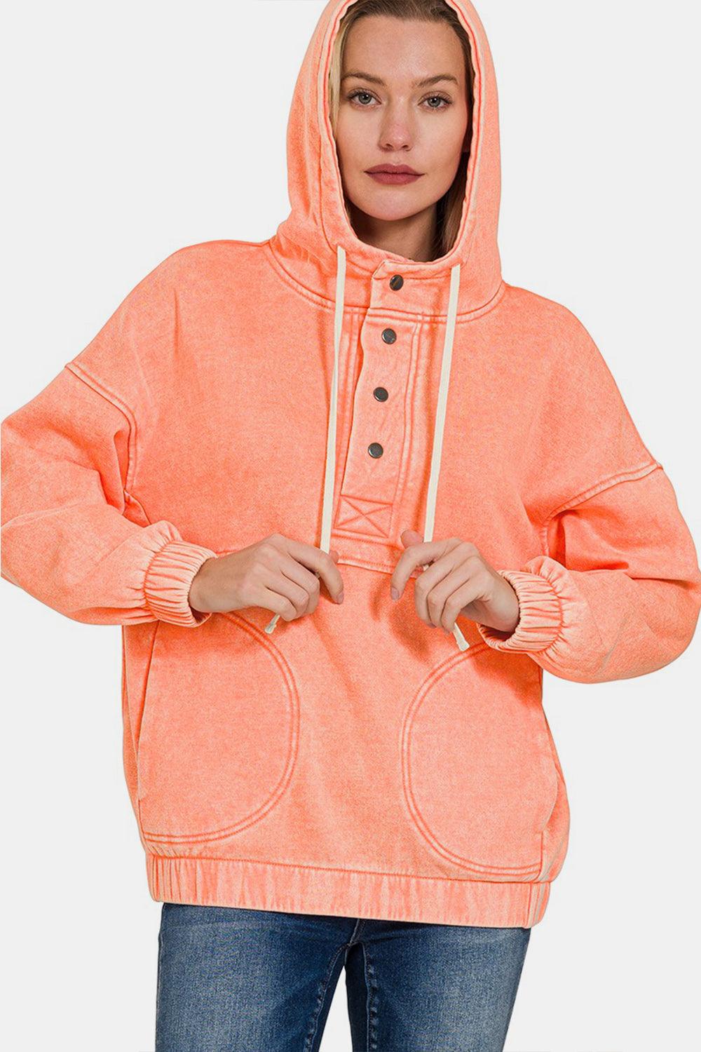 Zenana Drawstring Half Snap Dropped Shoulder Hoodie Carauana Store