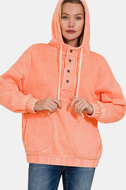 Zenana Drawstring Half Snap Dropped Shoulder Hoodie Carauana Store