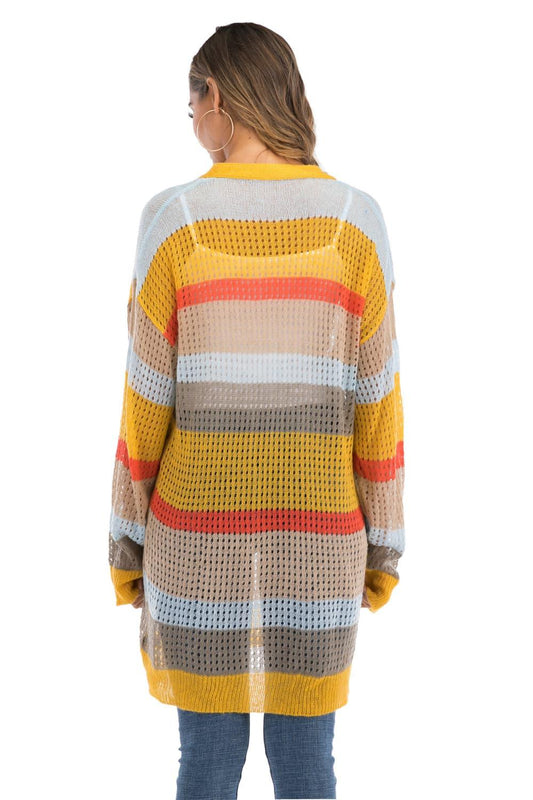 Color Block Openwork Long Sleeve Cardigan Carauana Store