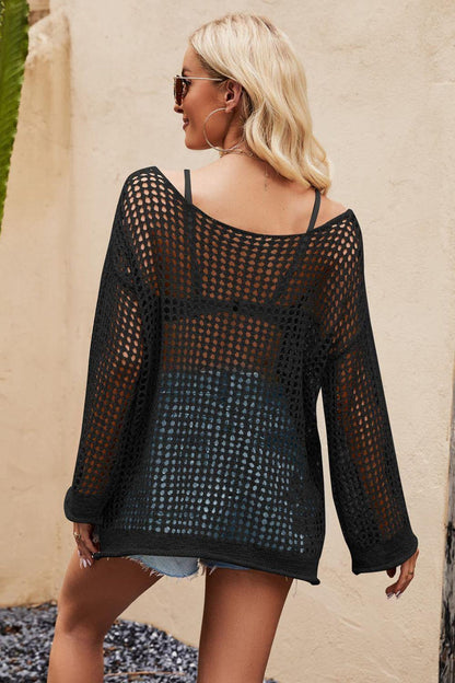 Openwork Round Neck Long Sleeve Cover Up Carauana Store