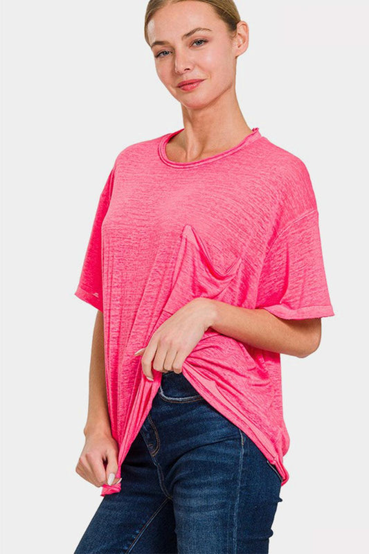 Zenana Pocketed Round Neck Dropped Shoulder T-Shirt Carauana Store