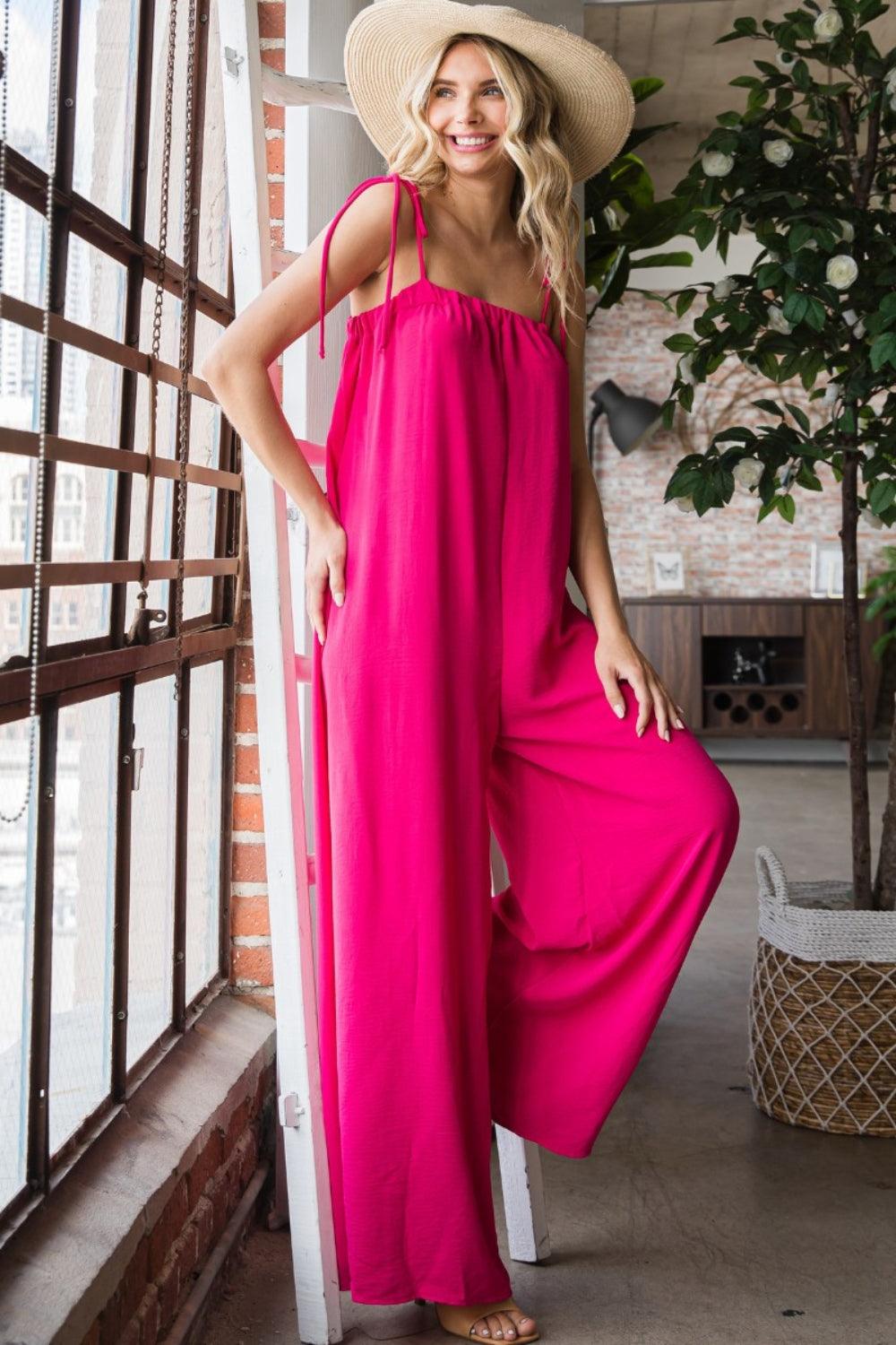 Veveret Pocketed Spaghetti Strap Wide Leg Jumpsuit Carauana Store