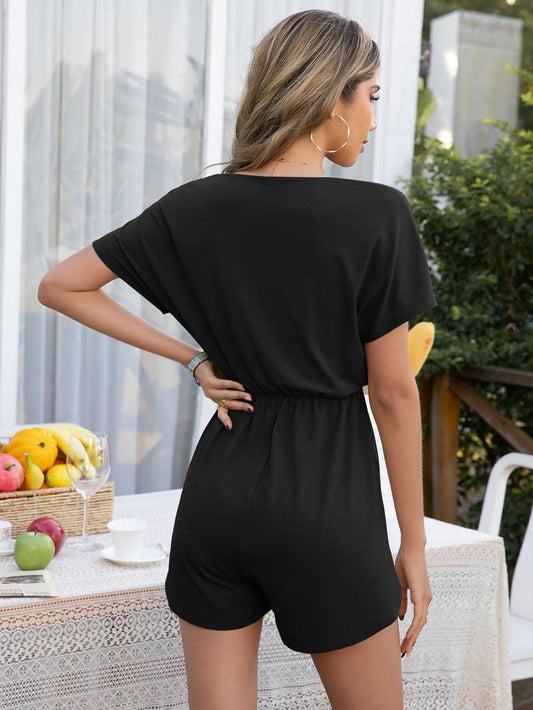 Decorative Button Round Neck Short Sleeve Romper Carauana Store