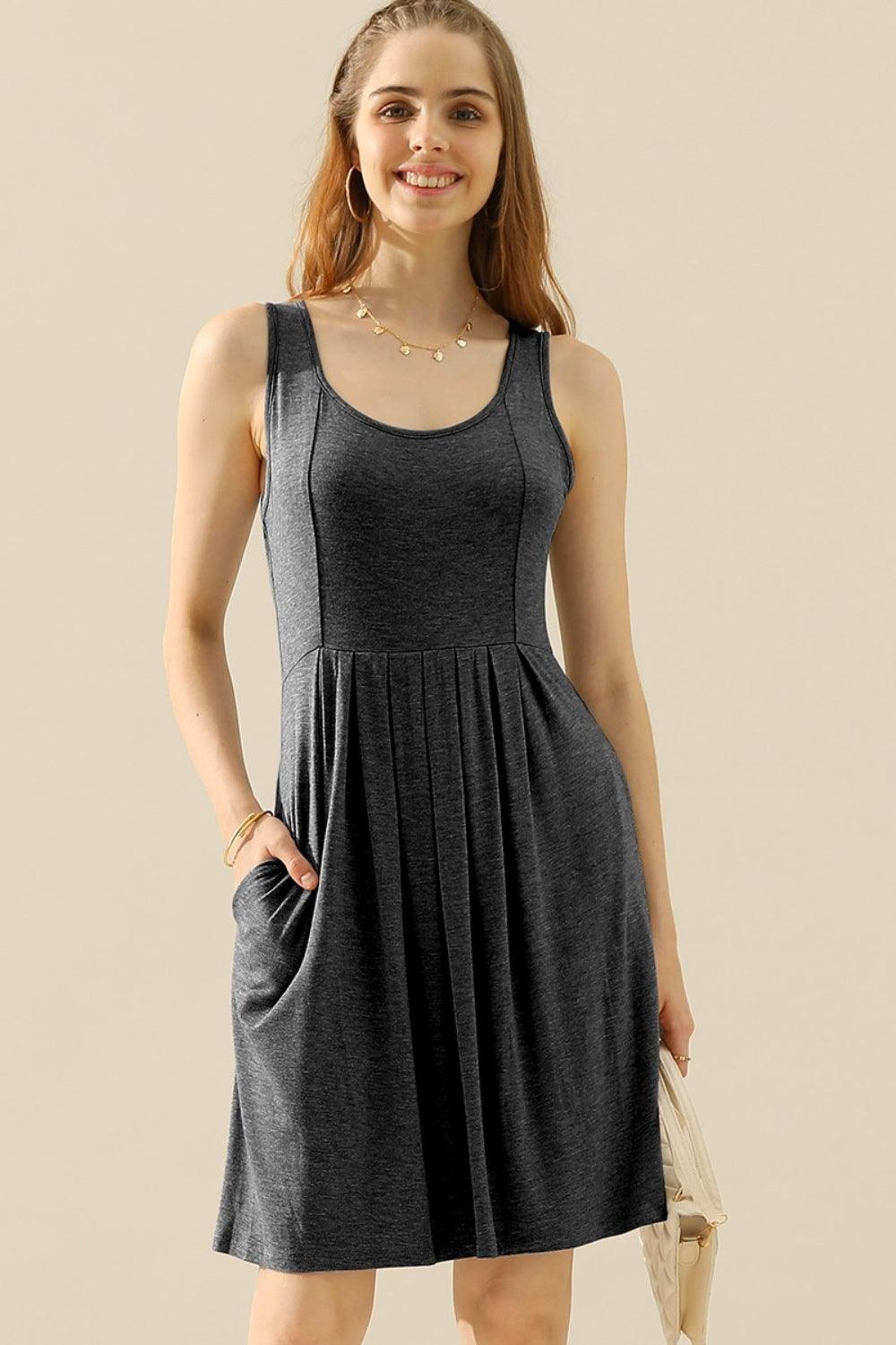 Doublju Full Size Round Neck Ruched Sleeveless Dress with Pockets Carauana Store