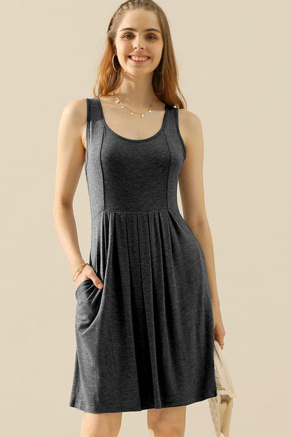 Doublju Full Size Round Neck Ruched Sleeveless Dress with Pockets Carauana Store