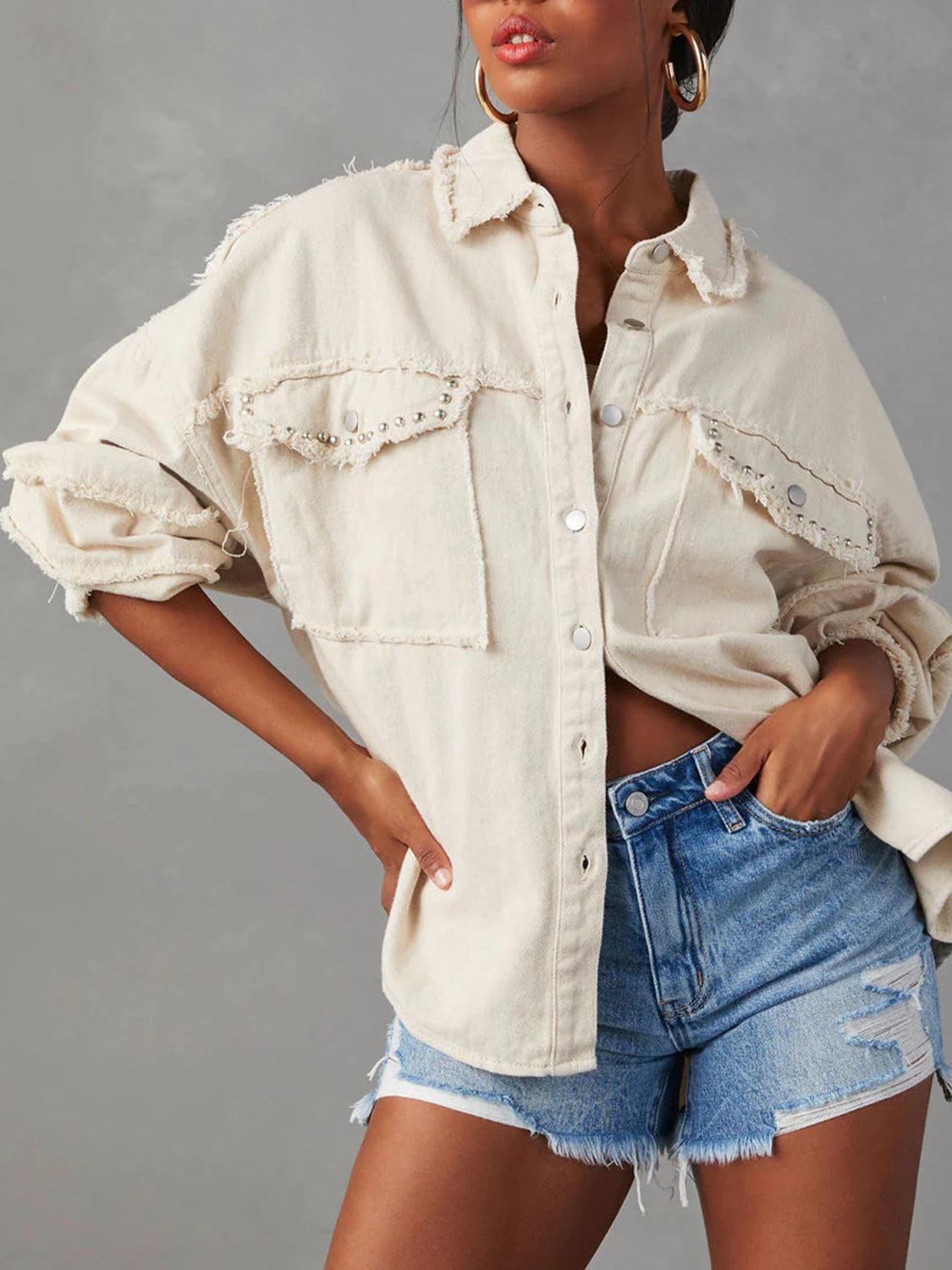 Button Down Raw Hem Denim Jacket Carauana Store