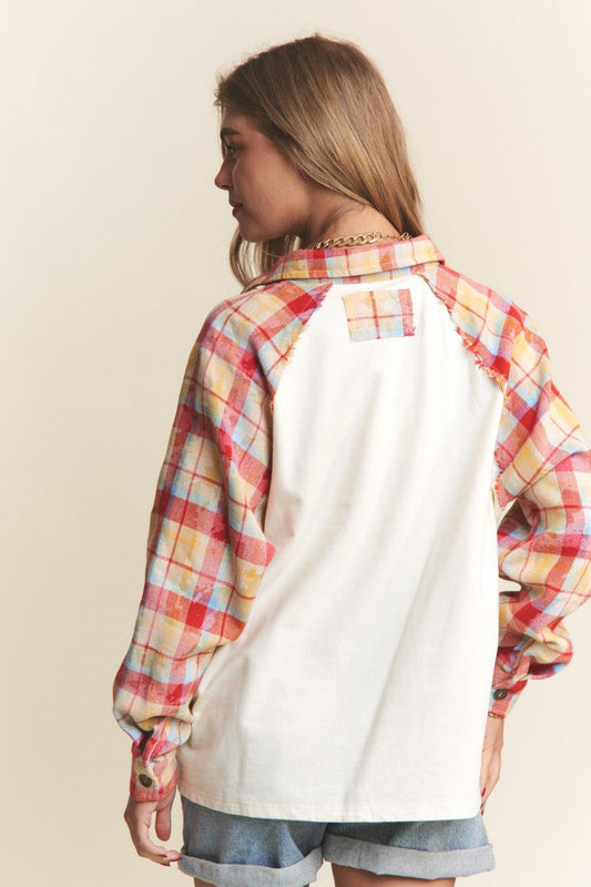 J.NNA Plaid Contrast Button Down Henley Top Carauana Store