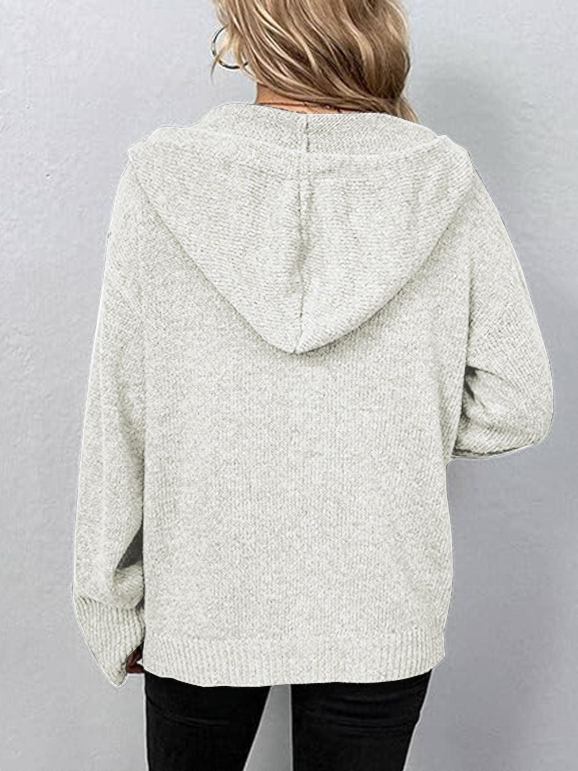 Button Up Drawstring Long Sleeve Hooded Cardigan Carauana Store
