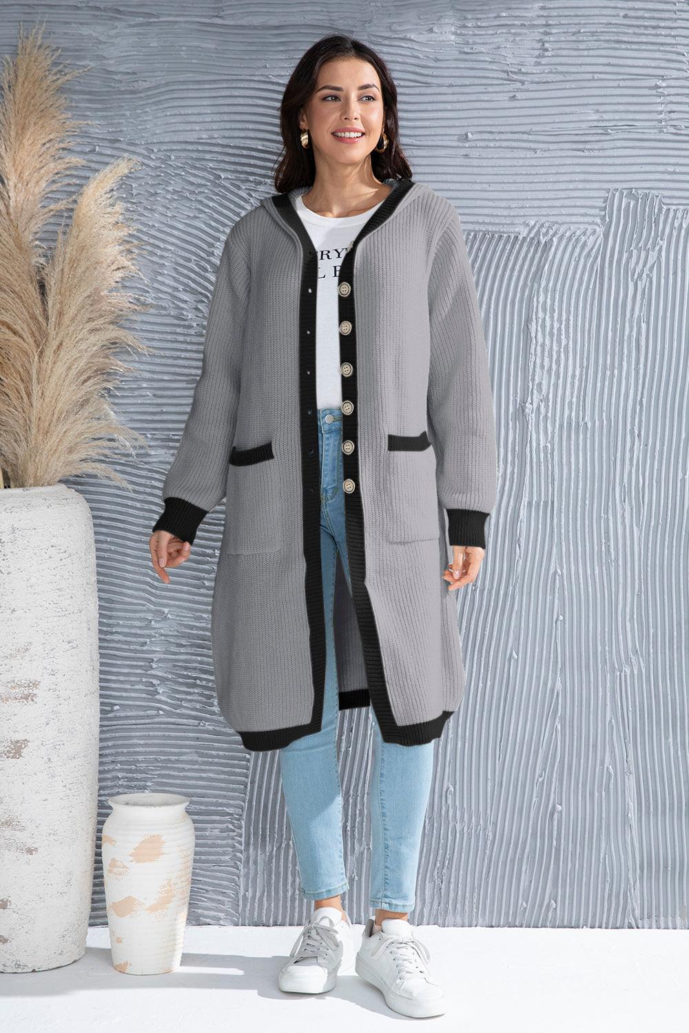 Button Up Contrast Trim Hooded Cardigan Carauana Store