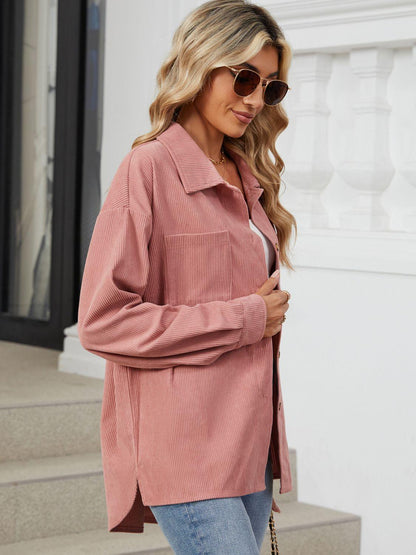 Button Up Dropped Shoulder Long Sleeve Outerwear Carauana Store