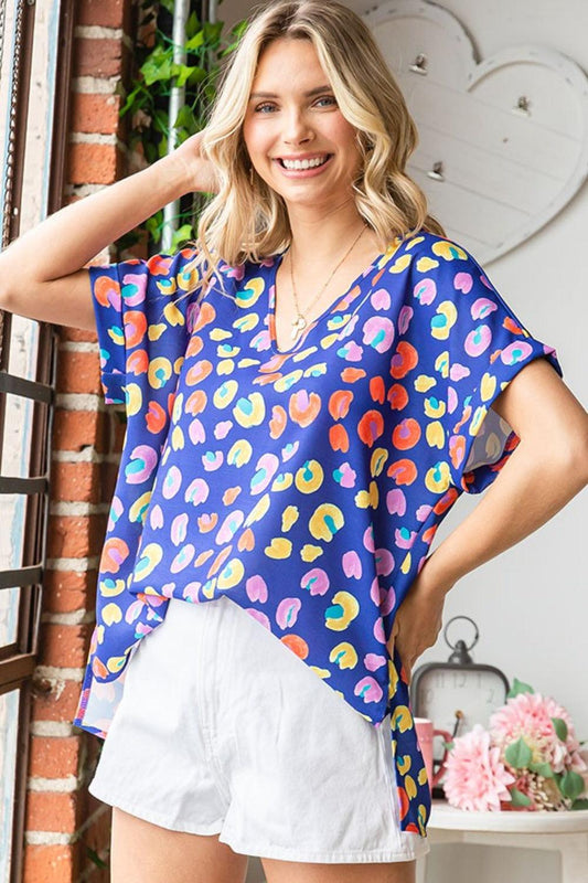 First Love Printed V-Neck Short Sleeve Blouse Carauana Store