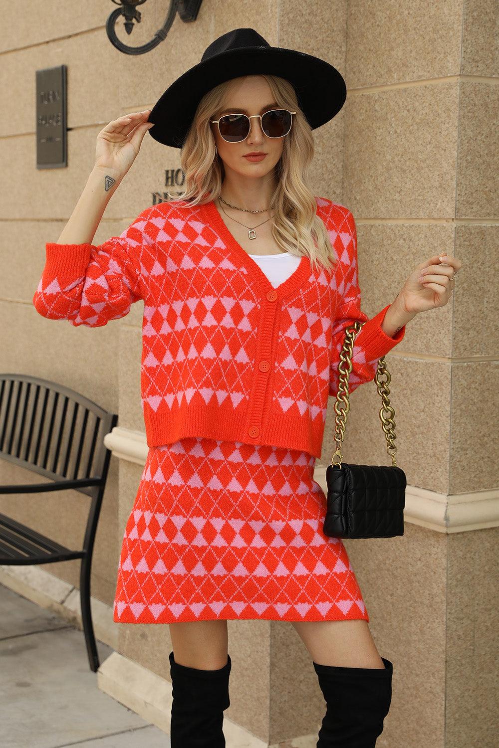 Geometric Button Front Cardigan and Skirt Set Carauana Store