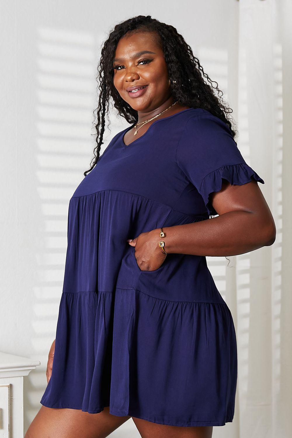 Double Take V-Neck Flounce Sleeve Tiered Dress Carauana Store