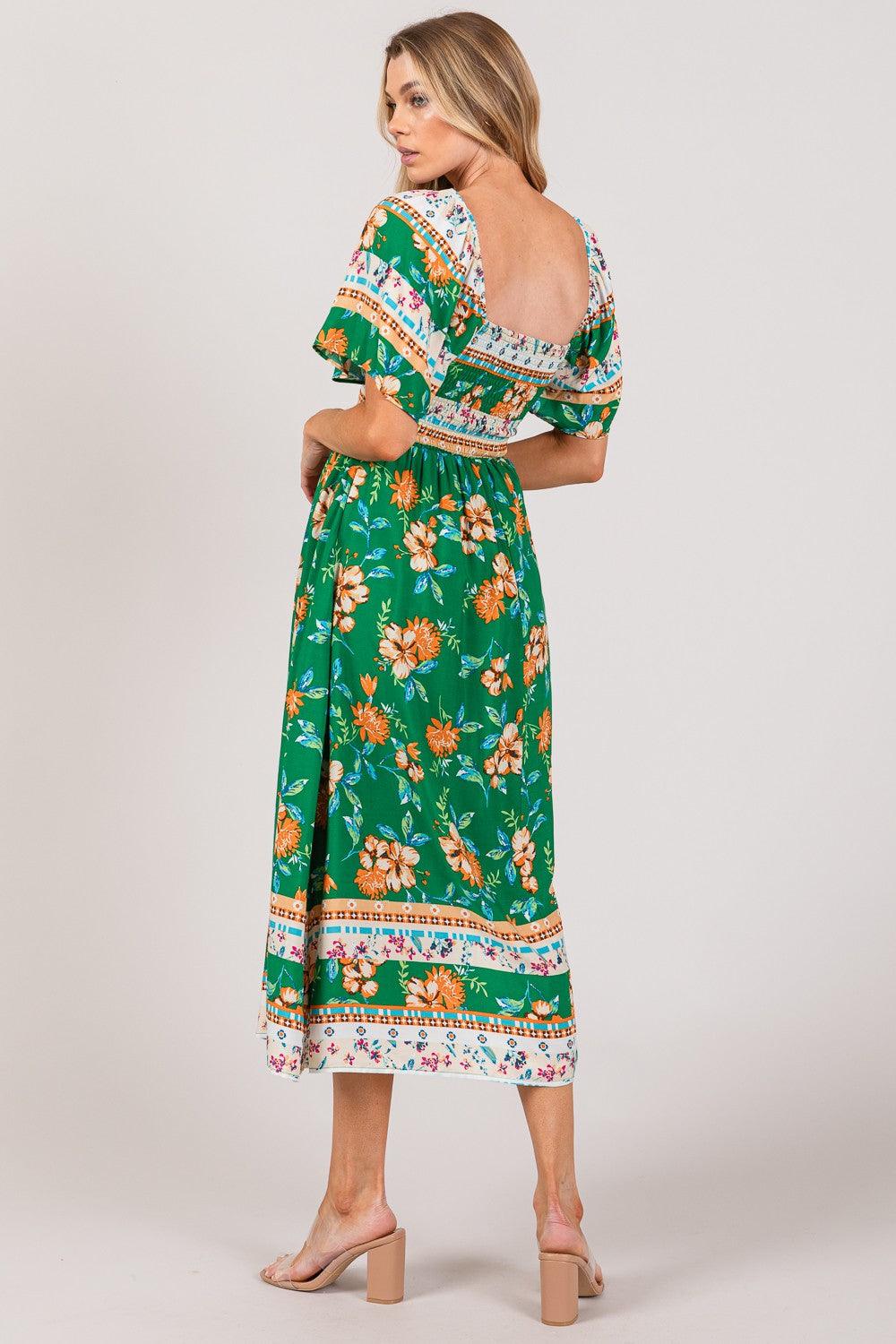 SAGE + FIG Printed Smocked Short Sleeve Midi Dress Carauana Store