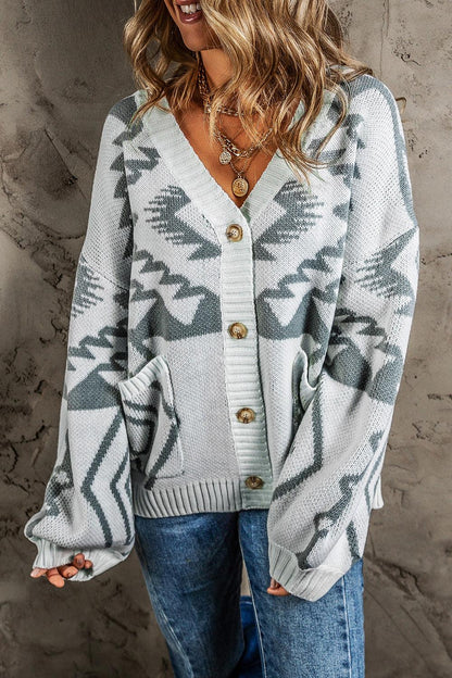 Printed Button Up V-Neck Long Sleeve Cardigan Carauana Store