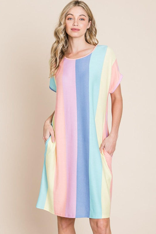 BOMBOM Striped Short Sleeve Dress with Pockets Carauana Store