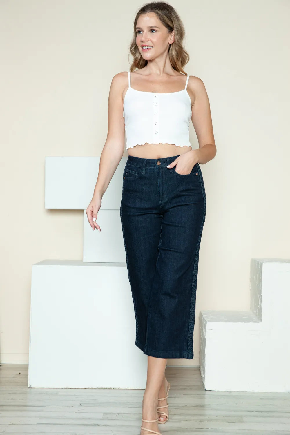 Judy Blue Full Size Side Seam Braid Detail Crop Wide Leg Jeans Carauana Store