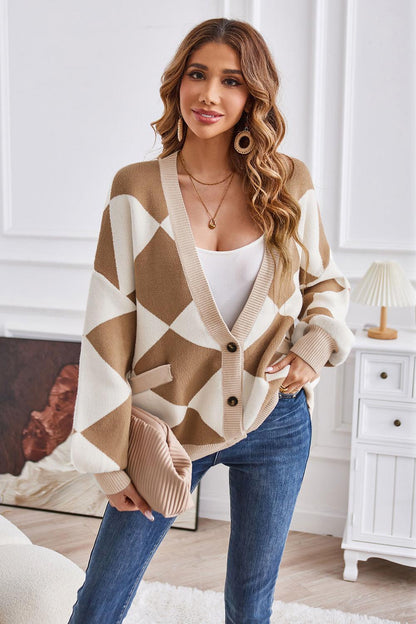 Geometric Lantern Sleeve Cardigan with Pockets Carauana Store