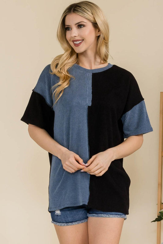 Celeste Full Size Ribbed Color Block Short Sleeve T-Shirt Carauana Store